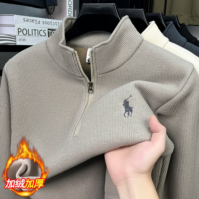 Half Height Zipper and Plush Thick Hoodie for Men in Autumn and Winter Anti Pilling Embroidered Horse Logo Hoodie Top