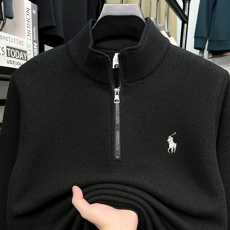 Half Height Zipper and Plush Thick Hoodie for Men in Autumn and Winter Anti Pilling Embroidered Horse Logo Hoodie Top