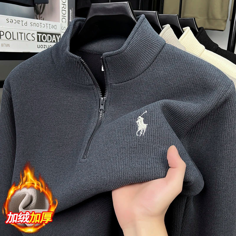 Half Height Zipper and Plush Thick Hoodie for Men in Autumn and Winter Anti Pilling Embroidered Horse Logo Hoodie Top