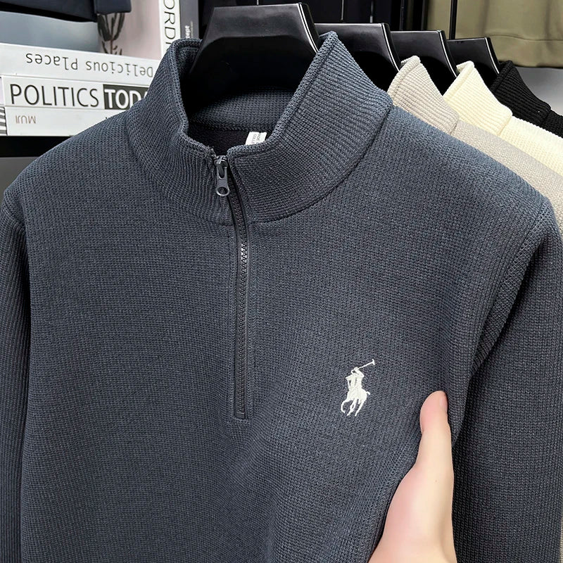 Half Height Zipper and Plush Thick Hoodie for Men in Autumn and Winter Anti Pilling Embroidered Horse Logo Hoodie Top