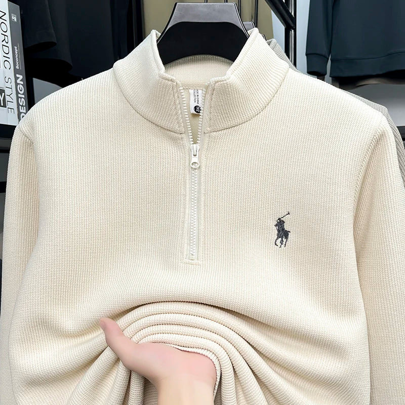 Half Height Zipper and Plush Thick Hoodie for Men in Autumn and Winter Anti Pilling Embroidered Horse Logo Hoodie Top
