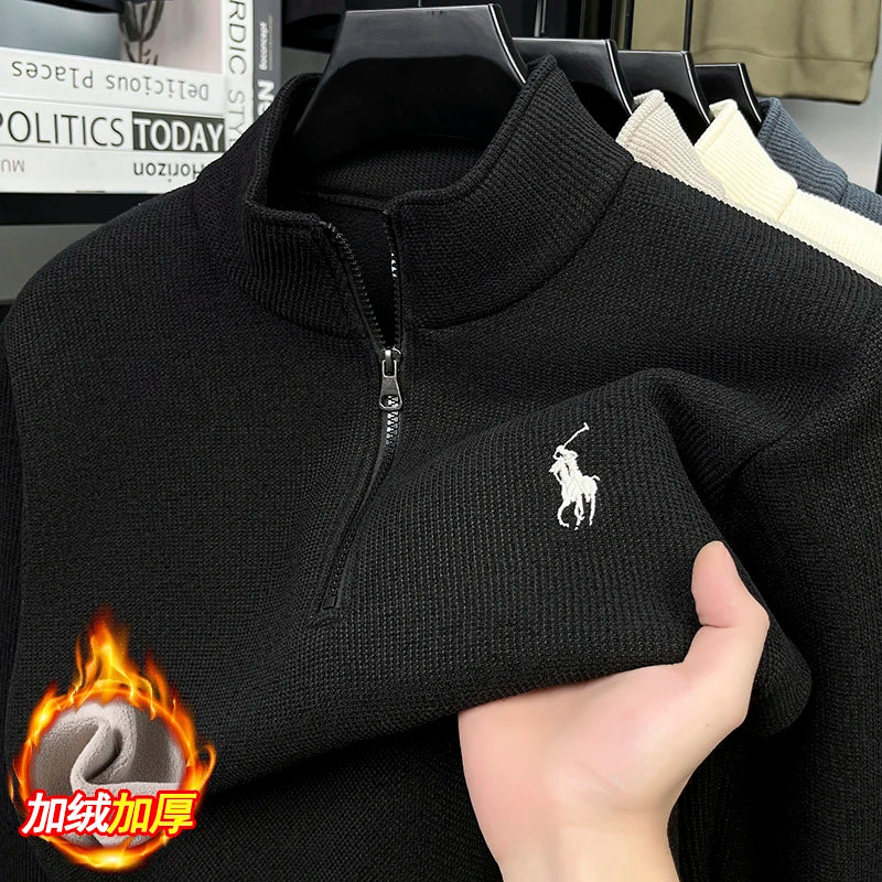 Half Height Zipper and Plush Thick Hoodie for Men in Autumn and Winter Anti Pilling Embroidered Horse Logo Hoodie Top
