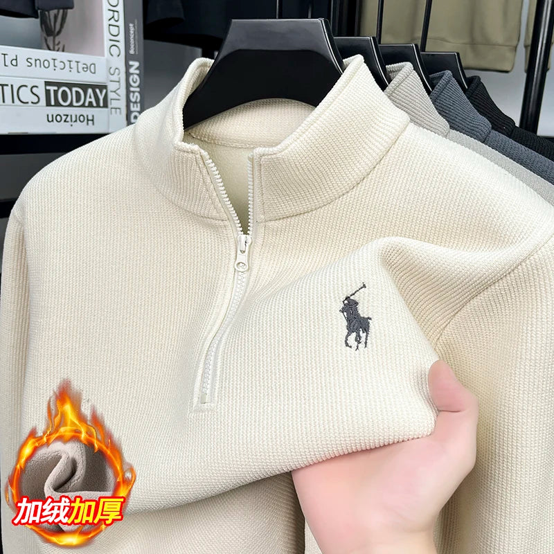 Half Height Zipper and Plush Thick Hoodie for Men in Autumn and Winter Anti Pilling Embroidered Horse Logo Hoodie Top