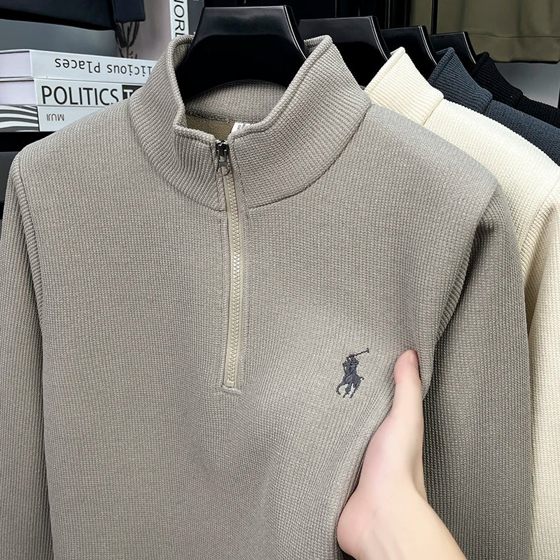 Half Height Zipper and Plush Thick Hoodie for Men in Autumn and Winter Anti Pilling Embroidered Horse Logo Hoodie Top