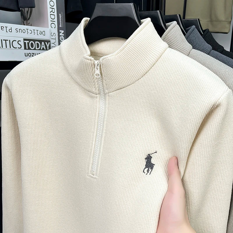 Half Height Zipper and Plush Thick Hoodie for Men in Autumn and Winter Anti Pilling Embroidered Horse Logo Hoodie Top