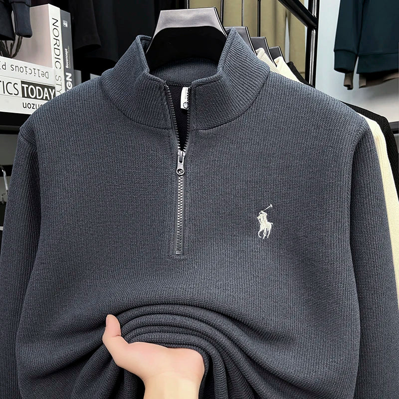 Half Height Zipper and Plush Thick Hoodie for Men in Autumn and Winter Anti Pilling Embroidered Horse Logo Hoodie Top