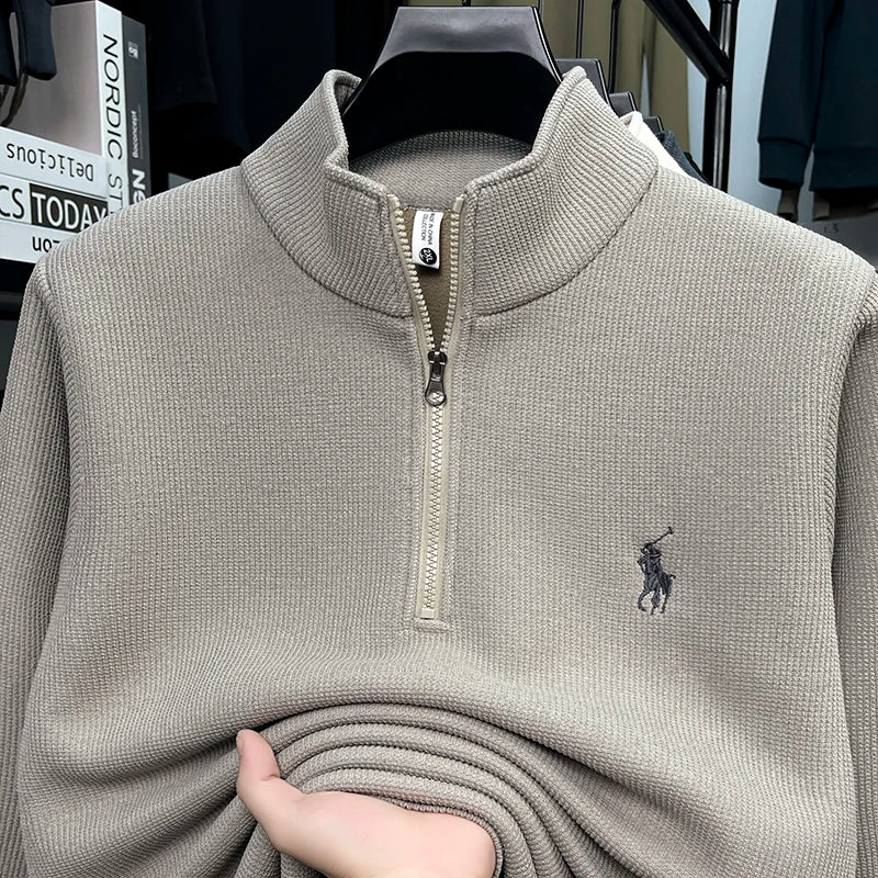 Half Height Zipper and Plush Thick Hoodie for Men in Autumn and Winter Anti Pilling Embroidered Horse Logo Hoodie Top
