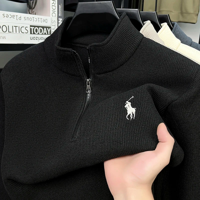 Half Height Zipper and Plush Thick Hoodie for Men in Autumn and Winter Anti Pilling Embroidered Horse Logo Hoodie Top