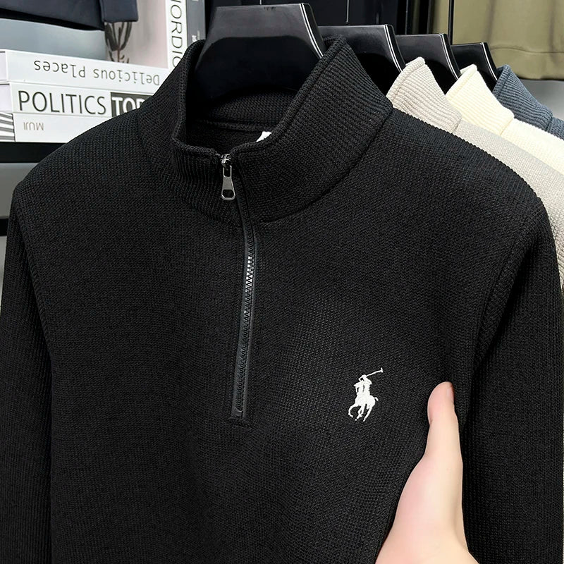 Half Height Zipper and Plush Thick Hoodie for Men in Autumn and Winter Anti Pilling Embroidered Horse Logo Hoodie Top
