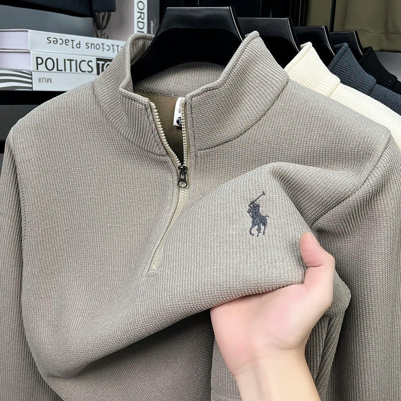 Half Height Zipper and Plush Thick Hoodie for Men in Autumn and Winter Anti Pilling Embroidered Horse Logo Hoodie Top