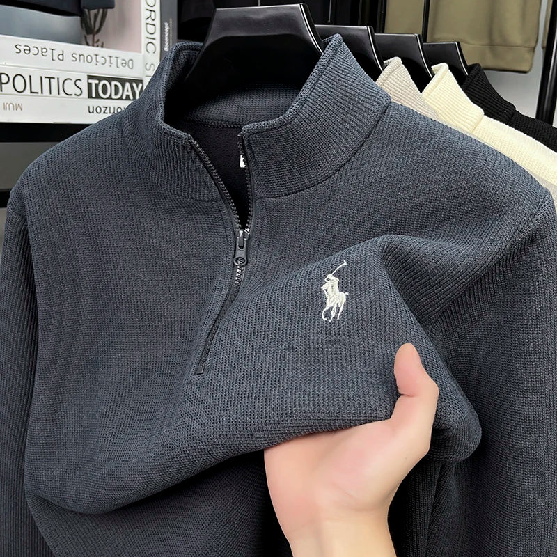 Half Height Zipper and Plush Thick Hoodie for Men in Autumn and Winter Anti Pilling Embroidered Horse Logo Hoodie Top